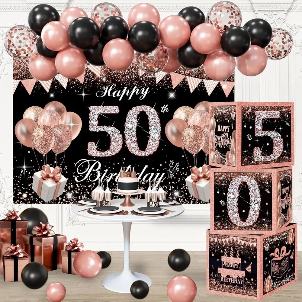 50th Birthday Decorations Rose Gold Black Balloon Arch Backdrop Boxes Set NEW
